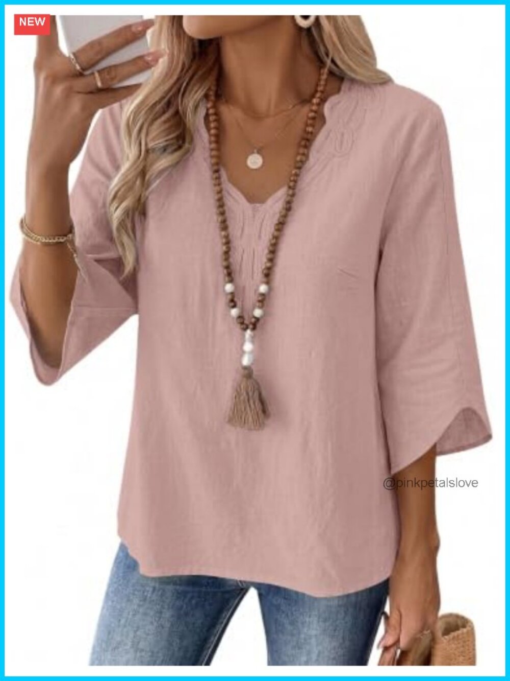 Womens 3/4 Sleeve Lace V Neck Cotton Linen Tunic Top Boho